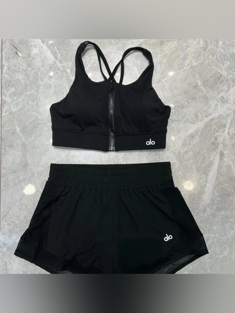 ALO Yoga Black Zip-Front Sports Bra and Athletic Shorts Set